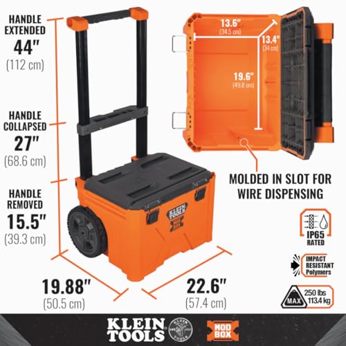 Klein Tools 54802MB MODbox Rolling Tool Box, Heavy Duty Portable Tool Organizer with Side Mounting, 10-Inch Rubber Wheels, Removable Handle, Deep Stackable Set