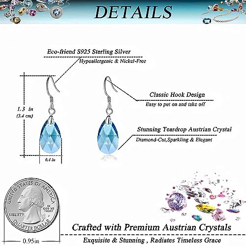 Teardrop Austrian Crystal Drop Dangle Earrings for Women 925 Sterling Silver Hook Hypoallergenic Earring (Topaz)
