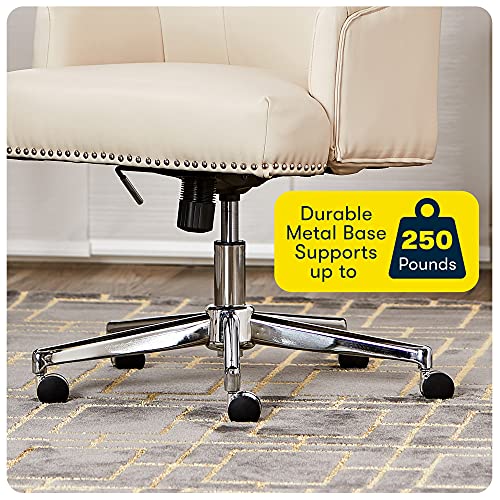 Serta Leighton Home Office Chair with Memory Foam, Height-Adjustable Desk Accent Chair with Chrome-Finished Stainless-Steel Base, Bonded Leather, Cream White