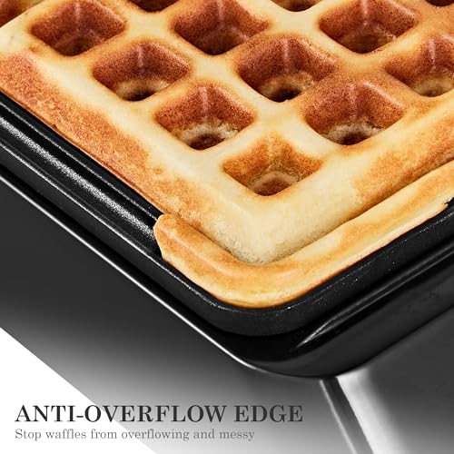 Waffle Maker, Roter Mond Belgian Waffle Maker, 4 Slice Square Stainless Steel Waffle Maker, Non-Stick Surface for Easy Cleaning for Family Use Breakfast, Save Space for Storage,1300W, Black