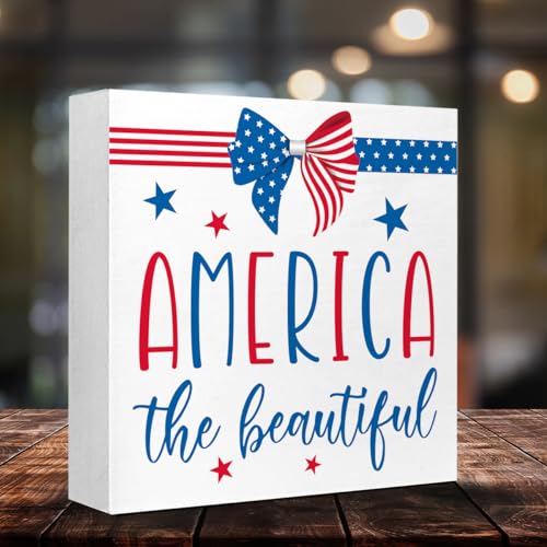 4th of July Independence Day Wood Decor,America the Beautiful Wood Block Sign for Home Bedroom Office Desk Cubicle Decor,July 4th Independence Day Memorial Day Patriotic Decorations