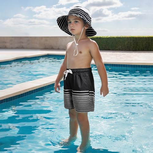 Boys Swim Trunks with Sun Hat Compression Liner Swim Shorts Quick Dry Beach Short Breathable Bucket Hat Set for 3-14 Years