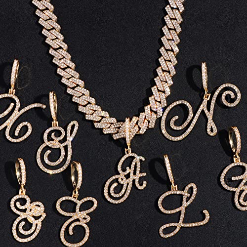 PTJDSMF Gold Silver Plated Initial Cuban Link Chain Necklace for Women Cursive Letter Gold Miami cuban link chain Iced out chain with pendant for women (Silver, T)