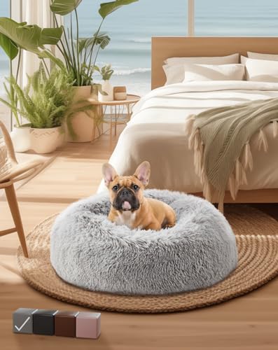 OhGeni Calming Donut Dog and Cat Bed - 20 inch Waterproof, Zipper Cover, Plush Polyester, Soothing Support for Muscle Pain, Machine Washable, Cuddling Design for Sound Sleep, Small Pet Bed(Gray)