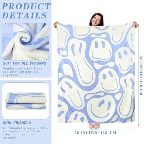 Frienda Preppy Throw Blanket Smile Face Cute Flannel Soft Plush Fuzzy Blanket Preppy Bedding Stuff for Dormitory Living Room 50" x 60"(Blue Distort Smile Face)