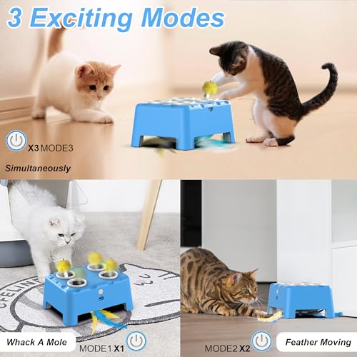 Interactive Cat Toys, 2-in-1 Automatic Cat Toy, 4 Holes Mice Whack A Mole Cat Mouse Toy with Moving Feather, Portable USB Rechargeable Electronic Kitten Toys (Blue)