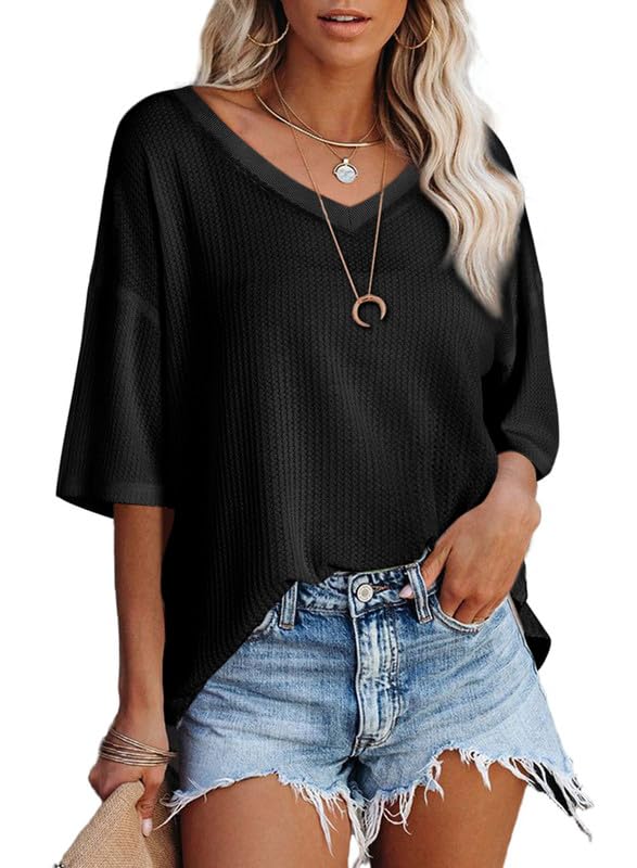 SHEWIN Womens 2024 Spring Summer V Neck Loose Batwing Sleeve Waffle Knit Off The Shoulder Tops Tunic Blouses Oversized Shirts for Women Black S