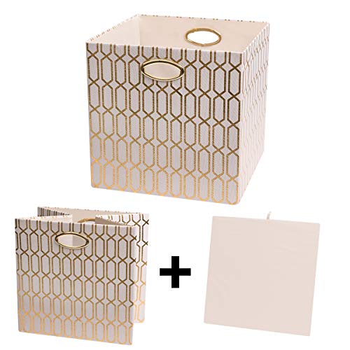 Posprica Storage Bins, Storage Cubes, 11×11 Fabric Drawers Organizer Basket Boxes Containers (11×11×11/4pcs, Cream/gold geometry Pattern)