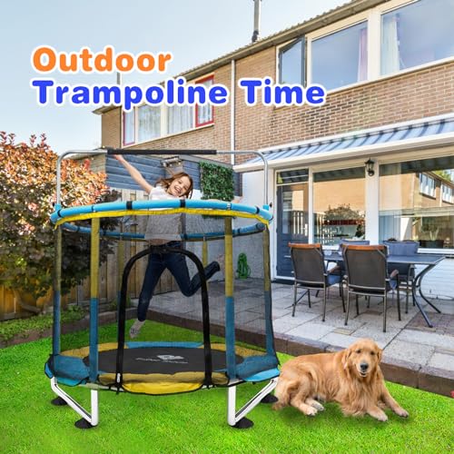 Trampoline for Kids, 5FT Adjustable Toddler Trampoline, Indoor/Outdoor Baby Trampoline with Enclosure Net, No-Gap Safe Design, Gifts for Boys & Girls (Pink) (Yellow Blue)