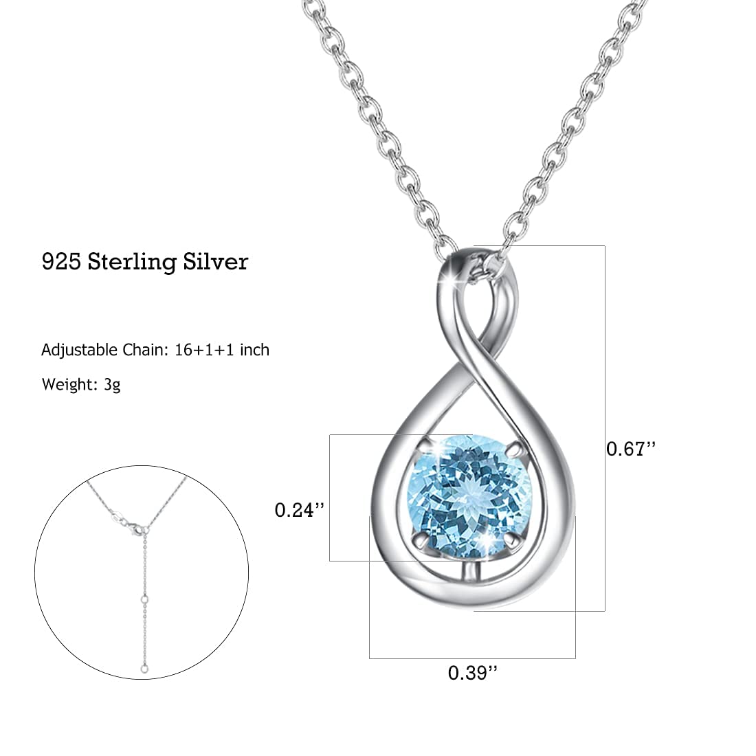 FANCIME Aquamarine Necklace March Birthstone for Women Sterling Silver Infinity Pendant Blue Gemstone Fine Jewelry Birthday Anniversary Valentine's Day Gifts for Her Daughter Wife, Chain 16+2"