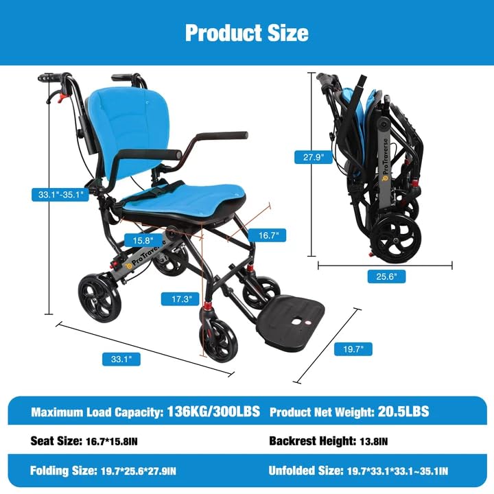 ProTraverse Wheelchairs for Adults,Transport Wheelchair Lightweight Foldable with Removable Cushion,Transport Chair,Ergonomic Travel Wheelchair with Telescopic Handle,Gifts for Grandpa,Blue