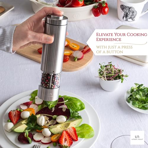 Electric Salt and Pepper Grinder Set - Battery Operated Stainless Steel Mills (1 Black Pepper Grinder + 1 White Salt Grinder) Automatic One Handed Operation Electronic Adjustable Ceramic Grinders