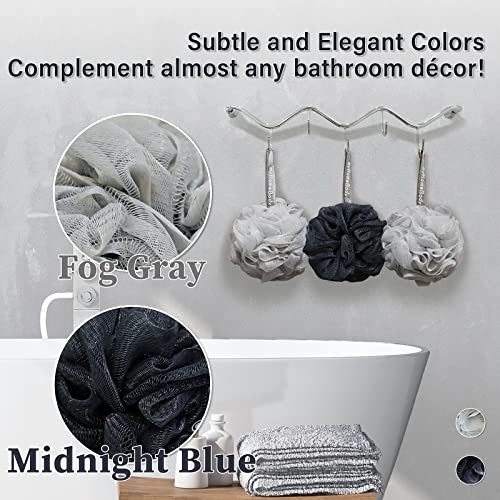 myHomeBody Large 70g Loofah Sponge, Body Scrubber, Bath Sponge, Loofah for Women, Men, Exfoliating Sponge Shower Pouf with Activated Charcoal - 2 Fog Gray + 1 Midnight Blue, 3 Pack