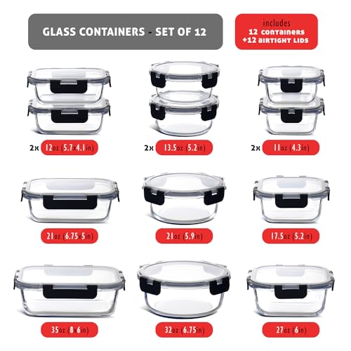 EATEX 12-Pack Glass Food Storage Containers with Lids, Airtight Glass Meal Prep Containers, Reusable Glass Food Containers with Leakproof Snap Lock Lids, Oven Microwave Freezer Safe Lunch Containers