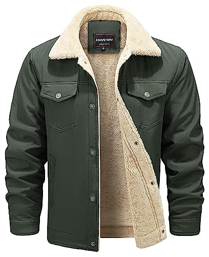 HOW'ON Men's Casual Sherpa Fleece Lined Jacket Warm Coat With Fur Collar Army Green S