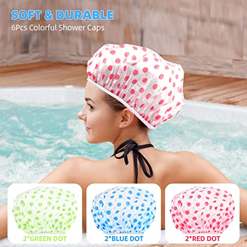 MZD8391 Shower Cap, Reusable Shower Hat Bath Caps - Waterproof with Elastic Band Hair Hat for Men Women Ladies Spa Salon (Coloful Dotted) (6 Packs)