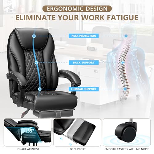 BestEra Executive Office Chair Big and Tall Home Office Chair, High Back Ergonomic Leather Chair with Footrest, Adjustable Height Computer Desk Chair with Wheels, Lumbar Support (Black)