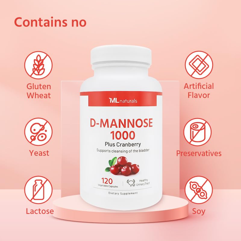 ML Naturals D-Mannose 1000 mg, Cranberry 2500 mg/serving, 120 Vegetable Capsule. Healthy urinary system, All-Natural, and Non-GMO.