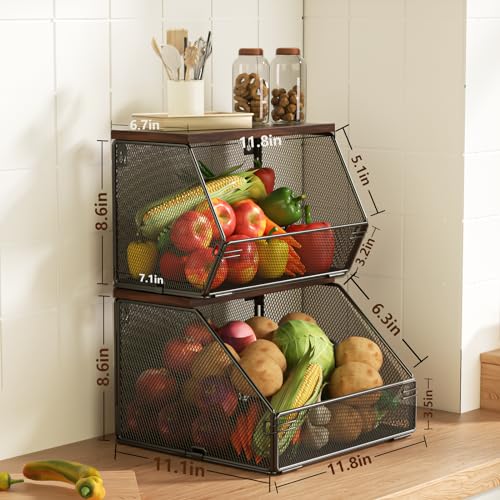 Stackable Fruit Basket Wire Baskets with Wood Lid, Wall Mounted Produce Basket for Fruit and Vegetable Storage, Countertop Onion and Potato Storage, Litwaro 7.1"W & 11.1"W Kitchen Counter Organizer