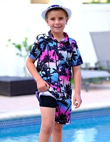 UNICOMIDEA Hawaiian Outfits for Boys 9-10 Years Kids Beach Short Set Summer Tropical Button Down Shirts and Swim Trunks 2 Pieces Sets Palm Tree Pattern Vacation Party Swimming