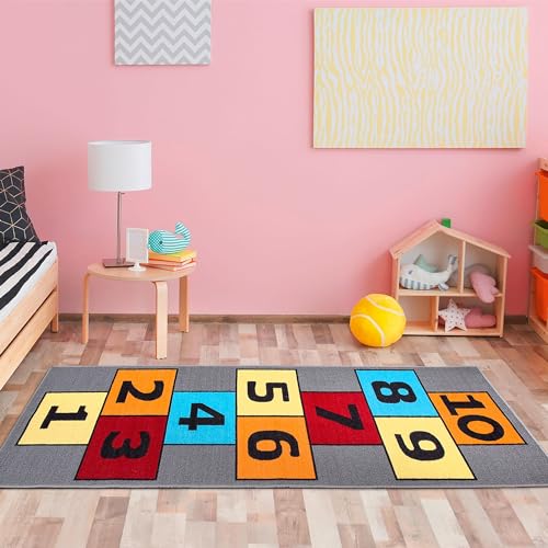 Ottomanson Children's Garden Collection Non-Slip Rubberback Hopscotch Design 3x6 Kid's Runner Rug, 2'7" x 6', Green