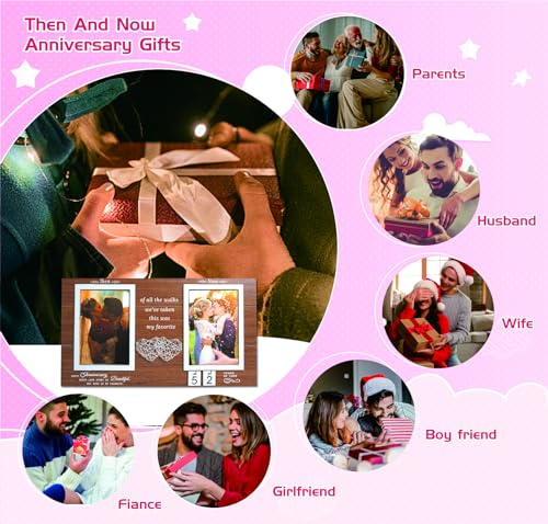 Then and Now Anniversary Picture Frame, 1-99 Years Wedding Gift Ideas, Engagement Bridal Shower Gifts, 25th Anniversary Wood Double Photo Frame for Couple, 4x6 Inches Photos