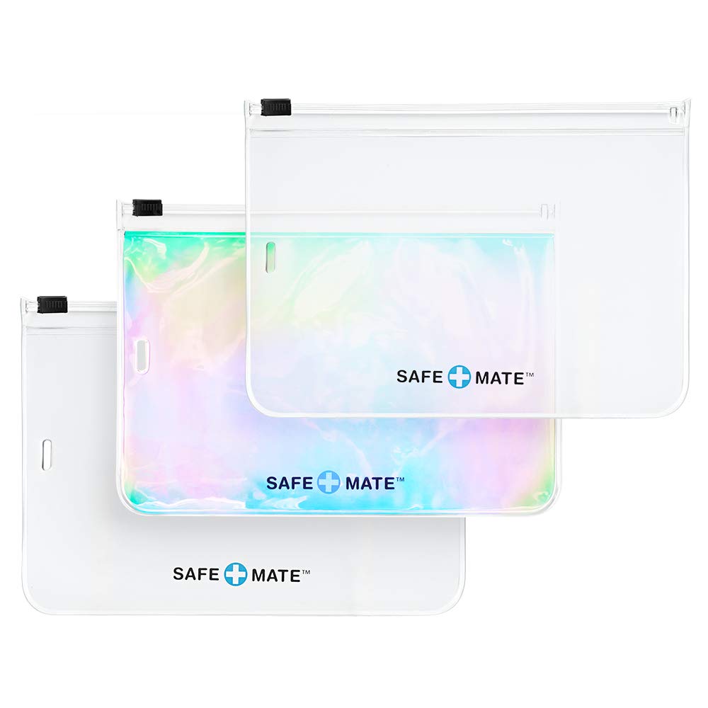 Safe+Mate - Face Mask Storage Bags - (3) Reusable - Carrying Pouch - Fits Most Cloth Face Masks - 3 Pack - 2 Frosted/1 Holographic