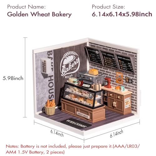Rolife LED Building Blocks for Adults,1:24 Toy Building Sets,Model Building Kits for Kids Ages 8-12-15,DIY Miniature Dollhouse Kits for Adults,Hobbies for Women Men (1.Golden Wheat Bakery)