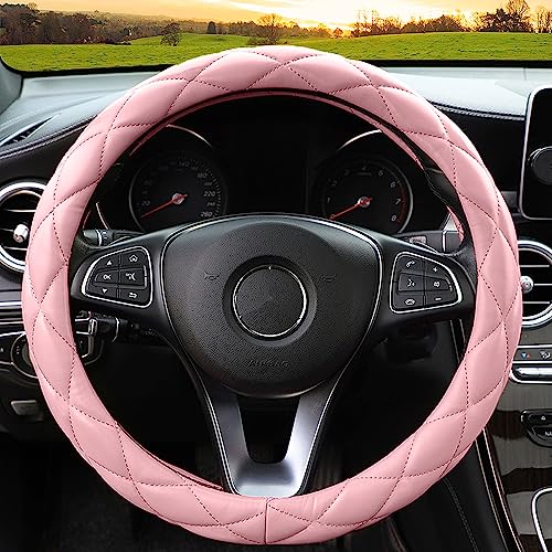 YHONGJT Soft Microfiber Leather Steering Wheel Cover, Universal 15 Inch for Women Girls, Fit Vehicles, Sedans, SUVs, Vans, Trucks - Light Pink