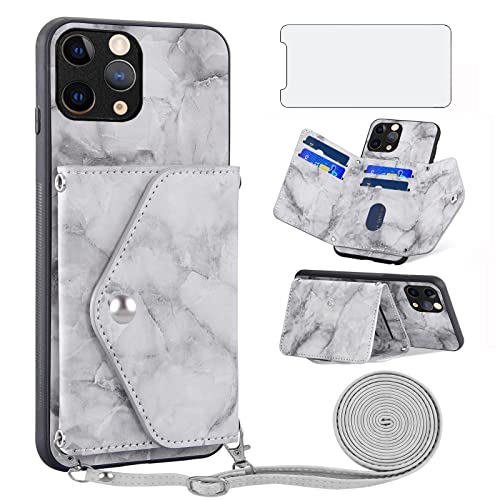 Phone Case for iPhone 11 Pro 5.8 Wallet Cover with Screen Protector and Crossbody Strap Lanyard Marble Credit Card Holder Stand Cell Accessories iPhone11pro iPhone11 i XI 11s 11pro Women Girls Grey