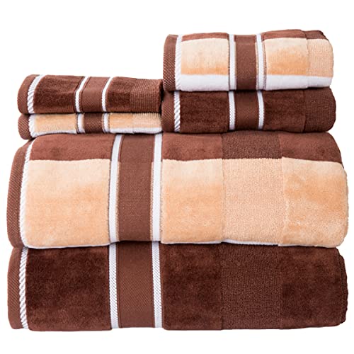 6PC Towel Set - Absorbent Cotton Bathroom Accessories with Bath Towels, Hand Towels, and Wash Cloths - Solid and Striped Bath Sheets by Lavish Home (Brown)