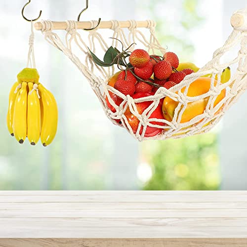 yuxiaoshi Fruit Basket Hammock Under Cabinet Woven Vegetable Hanging Basket with Banana Hanger Fruit Storage for Kitchen Mesh Fruit Holder Organization for Home Dining Room Decor (Black)