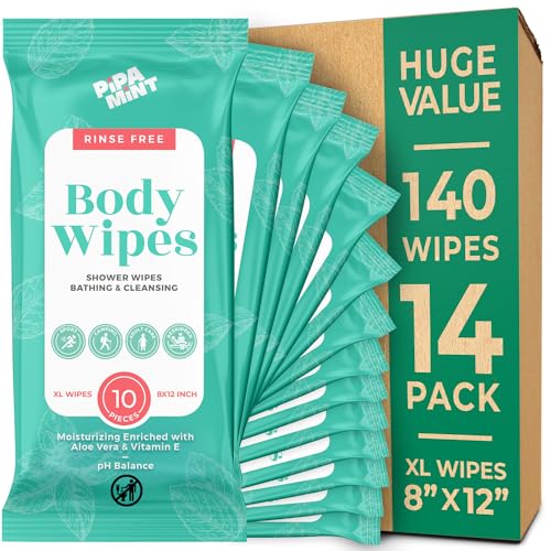 Body Wipes - (14 Pack) - 140 XL Bath Wipes for Adults No Rinse, Adult Wipes for Elderly - Body & Face Gentle Skin Cleansing, Shower Wipes Bathing for Travel, Elderly, Car, Gym, Camping (8x12 Inch)
