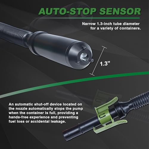 AETLEEMO Automatic Fuel Transfer Pump with Auto-Stop Sensor(2.4 GPM), Flexible Intake Hose Fits Most Irregular Gas Cans for Gasoline Diesel Kerosene & More-Green