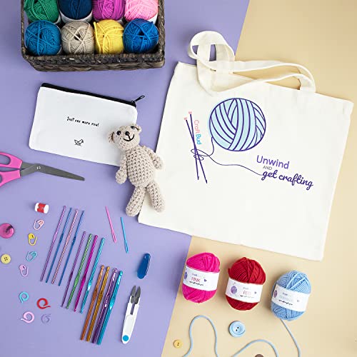 CraftBud 43 Piece Crochet Kit for Beginners Adults and Kids, Small Crochet Set with 9 Crochet Hooks Set and 55 Yards of Yarn for Crocheting Kit, Canvas Tote Bag, Beginner Crochet Kit