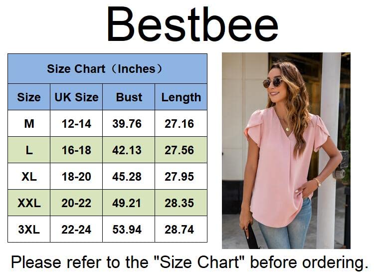 Bestbee Womens Petal Short Sleeve Dressy Chiffon Blouses V Neck Tops Tee Cute 2024 Summer Shirts Casual T-Shirts, L, Black