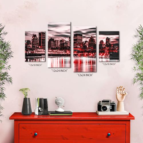 Boston Cityscape Red and Black Wall Art USA Pictures Canvas Print for Living Room Boston Night Scene Poster Office Paninting City Skyscraper Panoramic Wall Decor Modern Artwork Bedroom Home Decoration