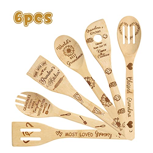 Haooryx 6Pcs Grandma Bamboo Spoons Utensils Set Best Grandma Cooking Utensils Non-Stick Spoons Burned Bamboo Cookware Kitchen Gadget Kit Grandma Birthday Grandparent's Day Gift Housewarming Present