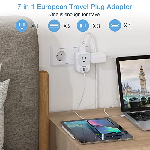 TESSAN 3 Pack European Travel Plug Adapter USB C, US to Europe Power Adapter with 4 AC Outlets and 3 USB (1 USB C), Euro Charger Adaptor Type C for USA to EU Spain France Iceland Italy Germany Greece