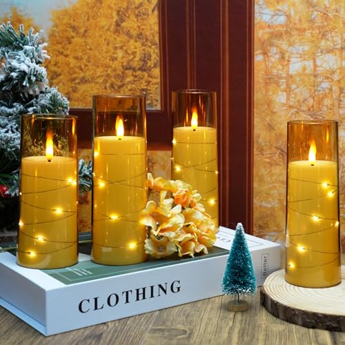 kakoya Flameless LED Candles with Timer 9 Pc Flickering Flameless Candles for Romantic Ambiance and Home Decoration Stable Acrylic Shell,with Embedded Star String，Battery Operated Candles（Orange）