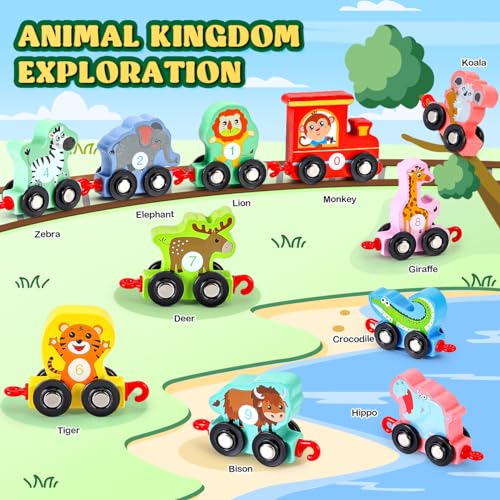 EDUJOY Toddler Toys for 2-3 Year Old Boy, Wooden Animal Train Set, Montessori Toys for 2 3 Year Old Boy Christmas Birthday Gifts, Learning Toys for Toddlers 2-4 Years Girl Toys Age 2 3