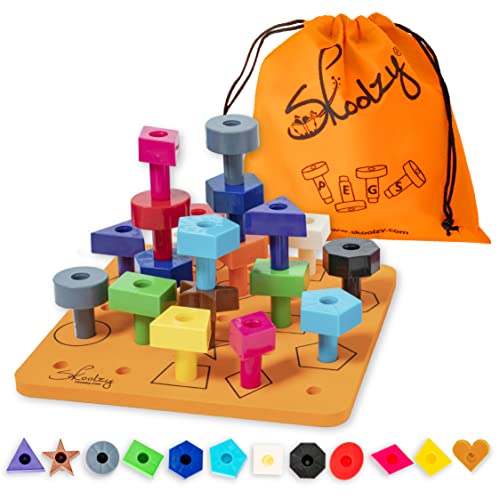 Skoolzy Toddler Peg Board 38 pcs with ebook - Pegboard for Toddlers - Stacking Peg Board - Color Matching & Shape Recognition Toy for Toddlers 3+