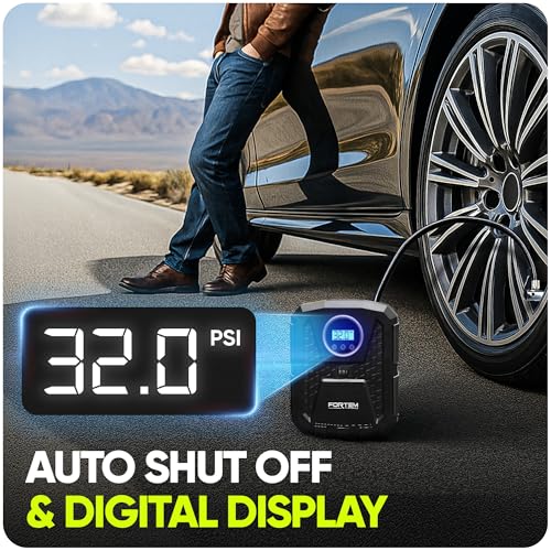 FORTEM Tire Inflator 150 PSI, Bike Pump, 110V AC 12V DC Air Pump for Car Tires, Digital Tire Pressure Gauge w/Auto Pump/Shut Off, Carrying Case (Black)