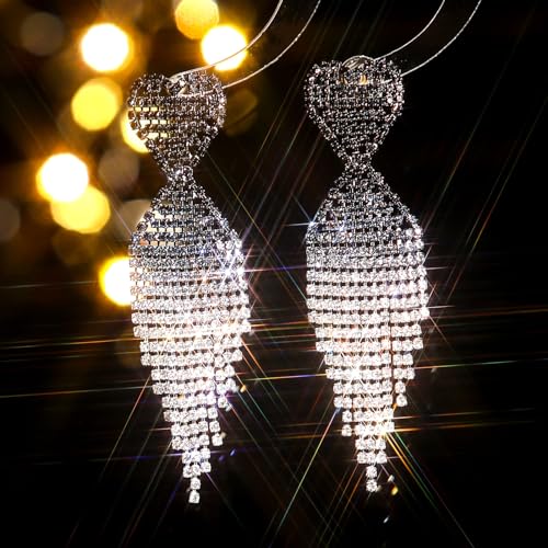 Rhinestone Drop Earrings for Women Sparkly Long Tassel Earrings Crystal Statement Earrings Bling Chandelier Earrings Party Prom Wedding Bridal Bridesmaid Dress Outfit Jewerly Gifts(C:Pink)