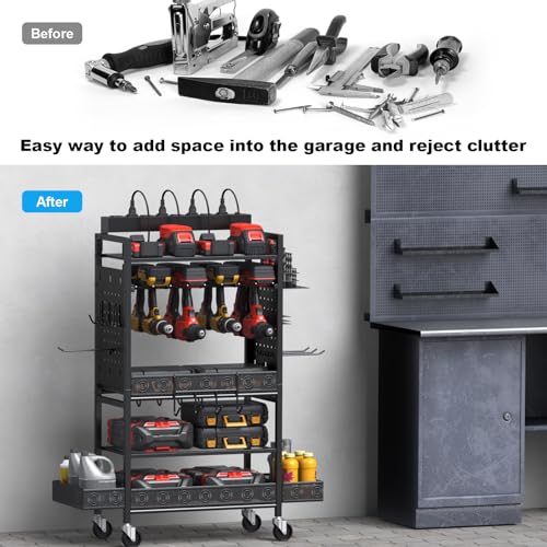 CCCEI Garage Power Tools Organizer Cart with Charging Station, Black Floor Standing Rolling Drill and Tools Battery Storage Cart on Wheels. Black Utility Rack Gift for Men, Husband, Father.