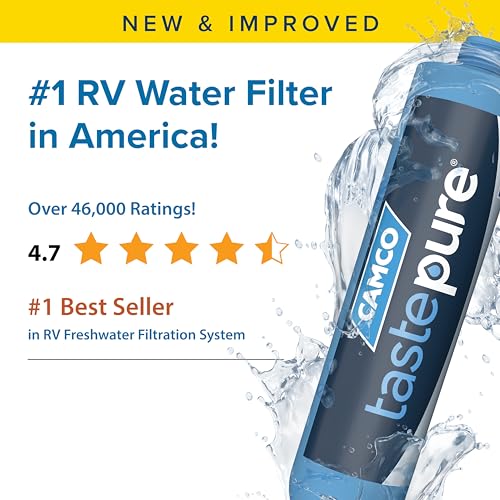 Camco TastePURE XL RV Water Filter - Reliable RV Inline Water Filter with Flexible Hose Protector - GAC & KDF Water Filter - Made in USA - Camping Essentials for Fresh Drinking Water (40019)