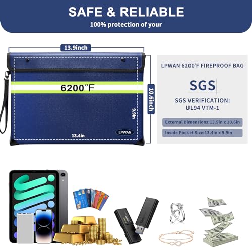 Upgraded Insulated Fire Proof Money Bag for Cash,6200℉ Fireproof and Waterproof Document Pouch with Water Resistant Zipper,Fireproof Envelopes for Important Documents,Valuables