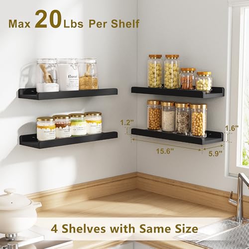 Love-KANKEI Black Floating Shelves for Wall Set of 4, Wood Wall Shelves with Lip,15.6 Inch Rustic Hanging Shelves for Bedroom Bathroom Living Room Kitchen Nursery Display