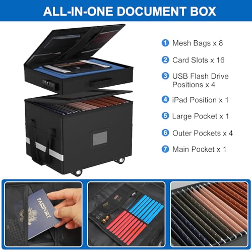 HAMOPY Fireproof Document Box, Document Organizer 2 Layer Detachable File Box with Combination Lock & Reflective Strip, Collapsible Fireproof Document Box File Cabinet
