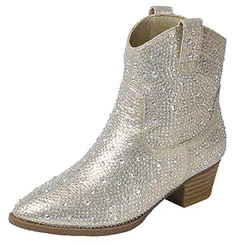 TruFox Kids Girls Rhinestone Western Cowboy Boots Low Heel Pull On, Black, 10